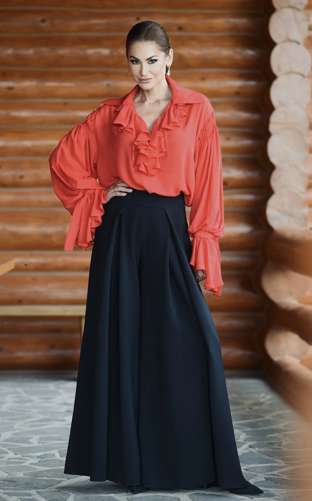 Pantaloni Lungi din Stofa Neagra cu Croiala Ampla si Slituri Frontale