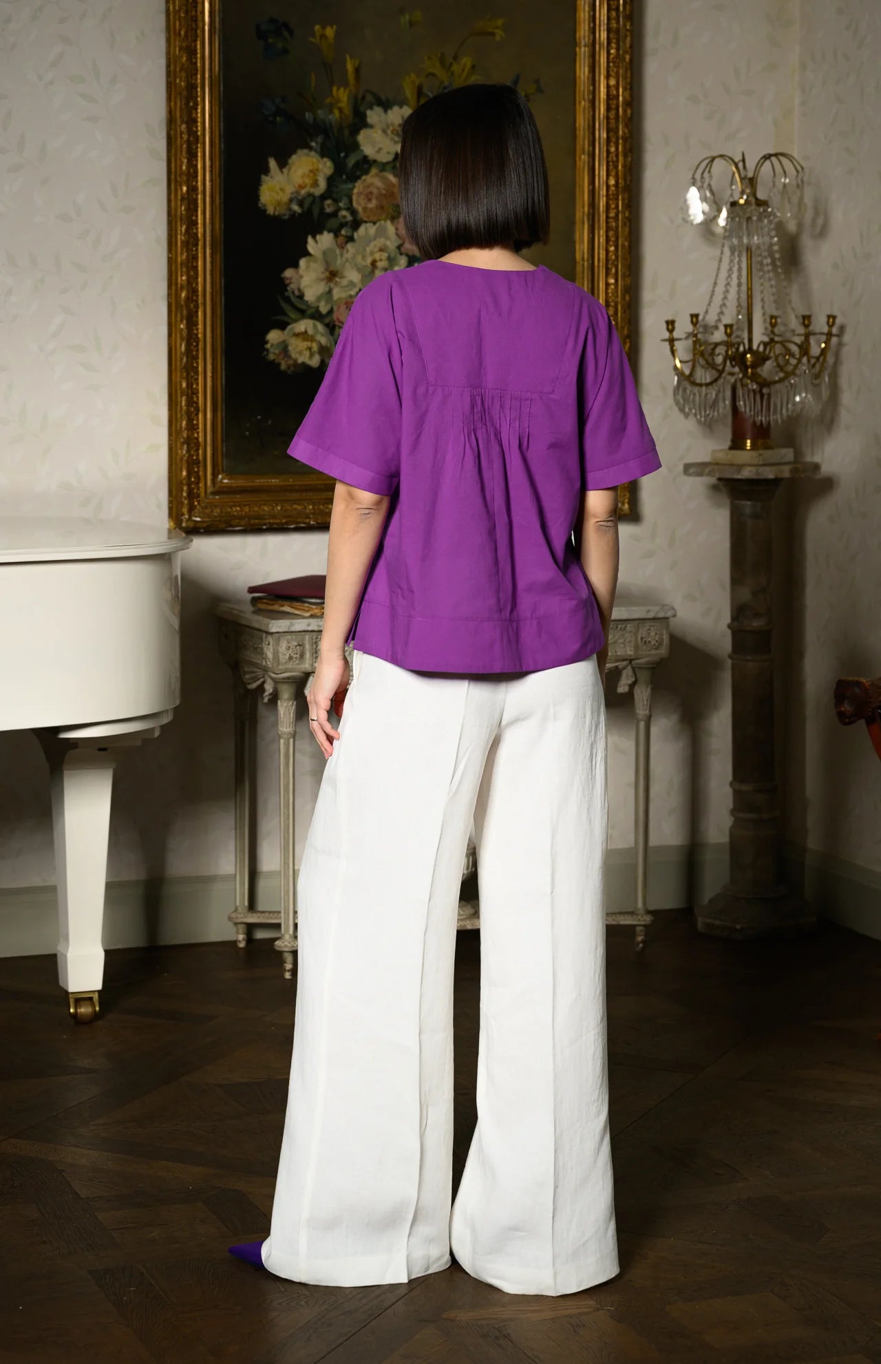 Bluza chimono violet din batist de bumbac și broderie tridimensională