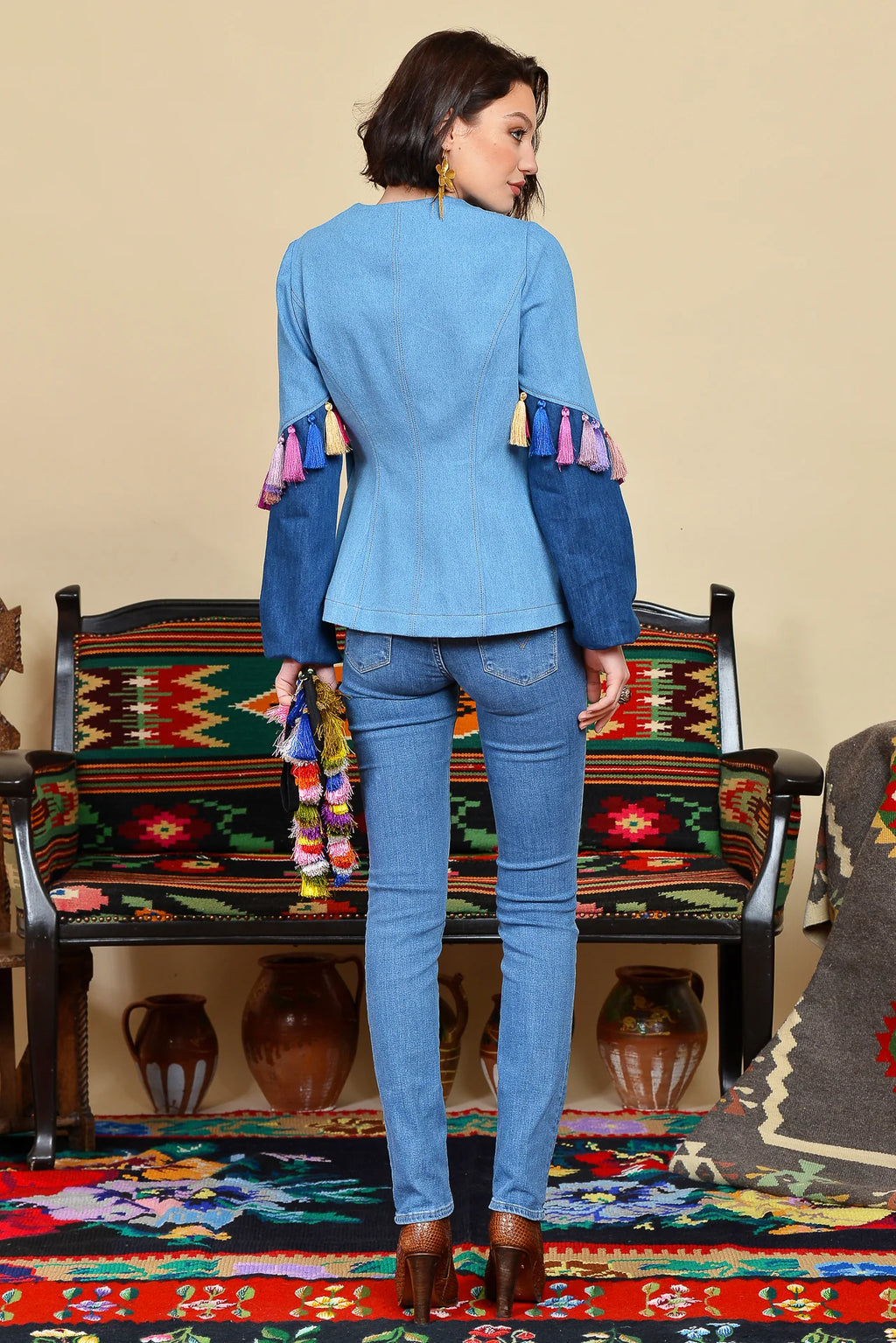 Jacheta din Denim cu Ciucuri de Matase si Jacquard Etnic