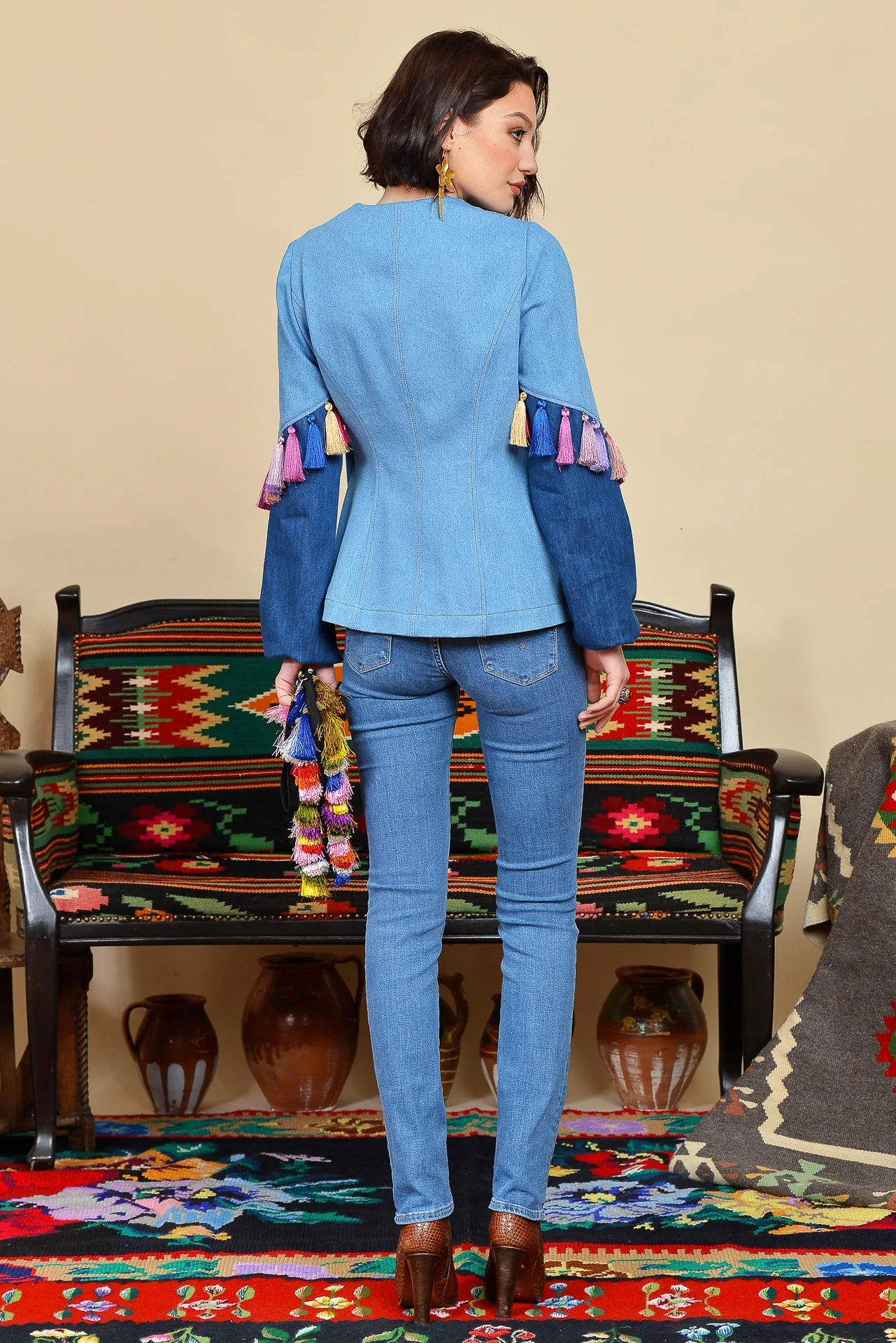 Jacheta din Denim cu Ciucuri de Matase si Jacquard Etnic