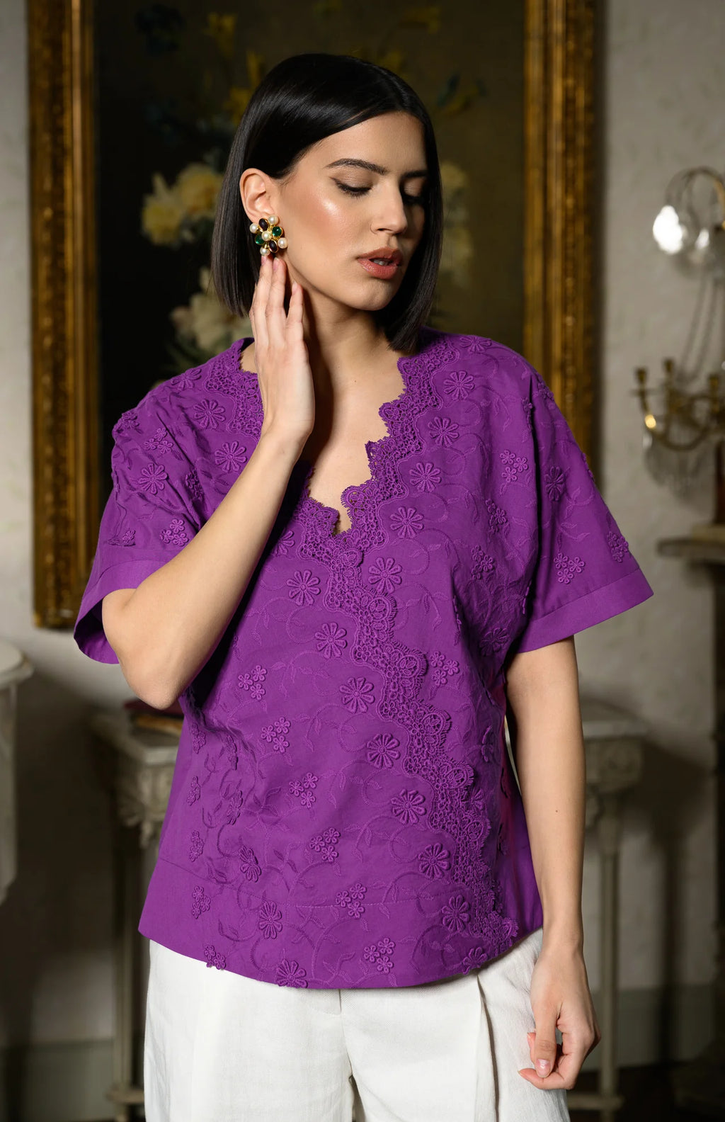 Bluza chimono violet din batist de bumbac și broderie tridimensională