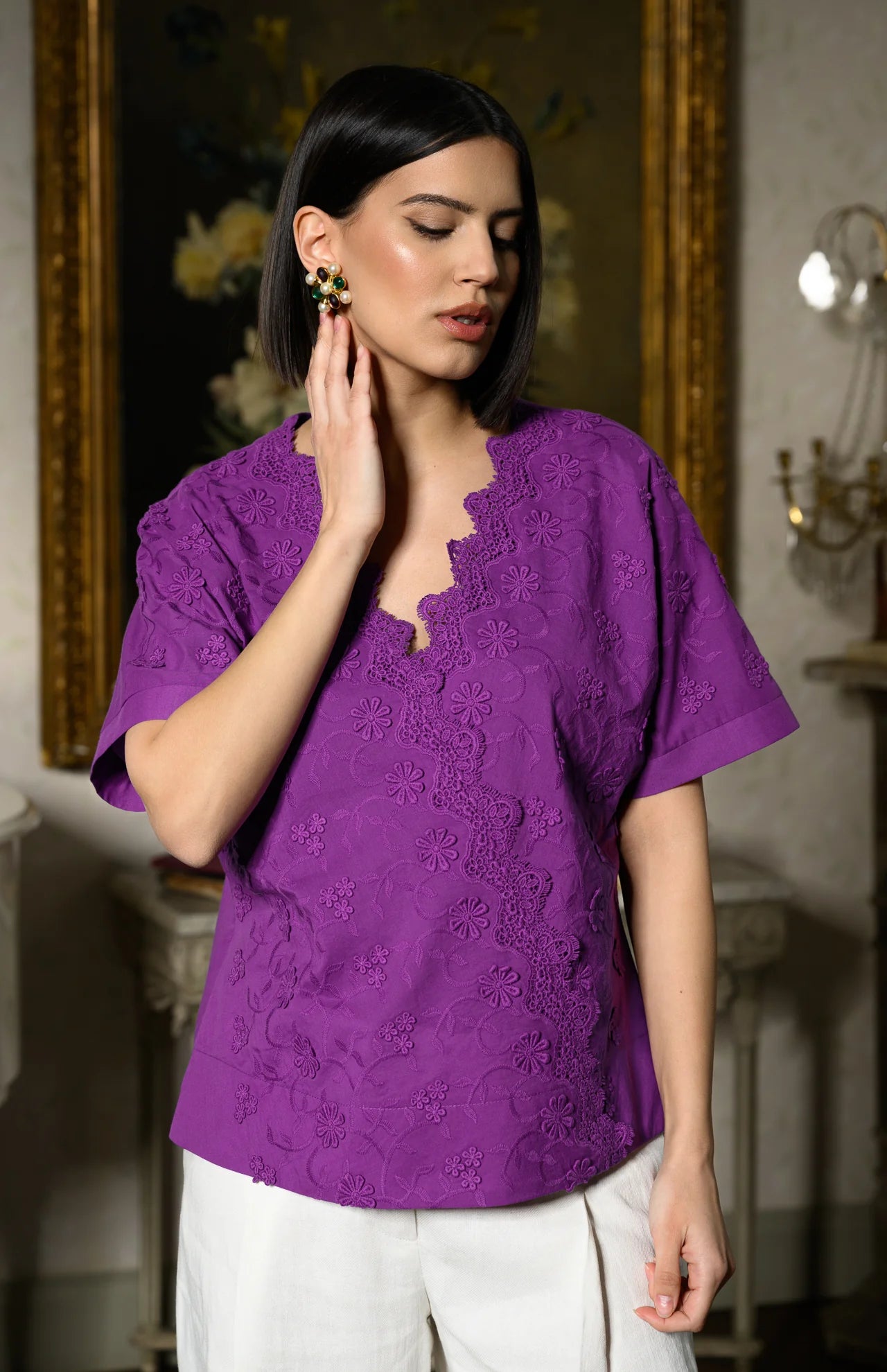 Bluza chimono violet din batist de bumbac și broderie tridimensională