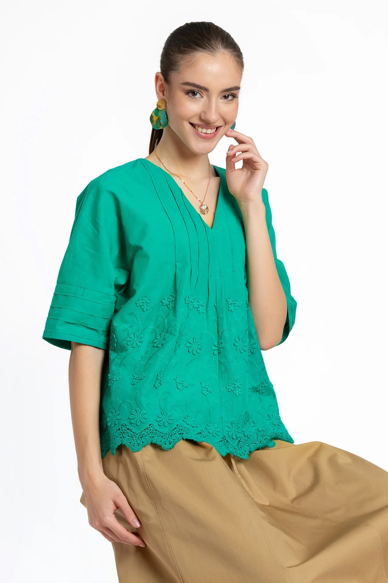 Bluza kimono verde din batist de bumbac și broderie tridimensională