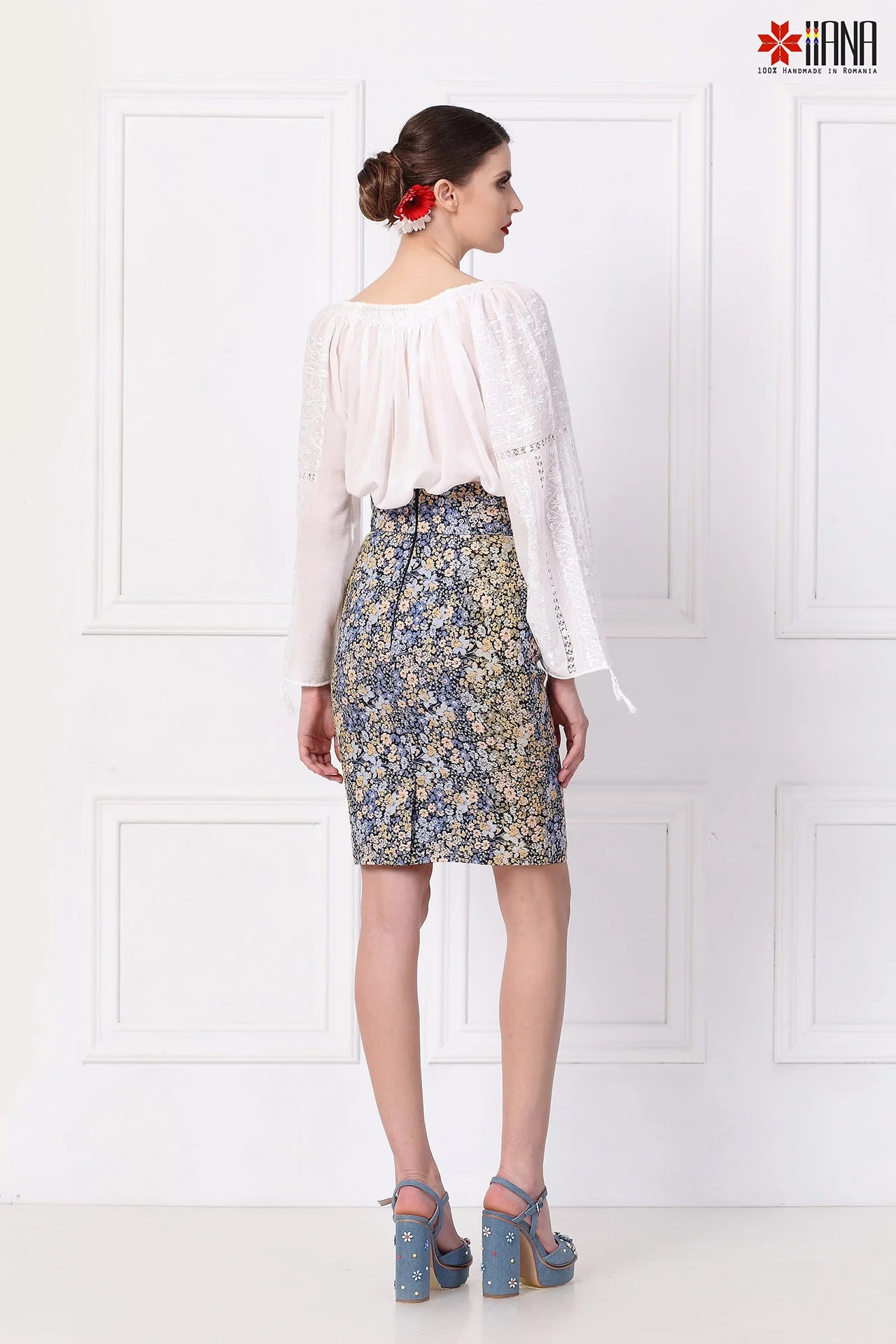 Fusta Dreapta din Jacquard cu Motive Florale