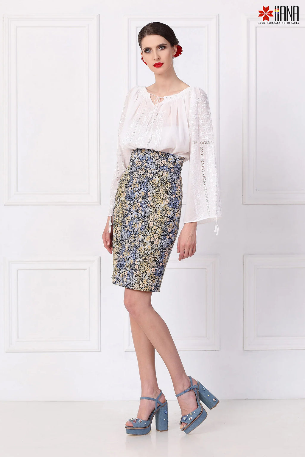 Fusta Dreapta din Jacquard cu Motive Florale