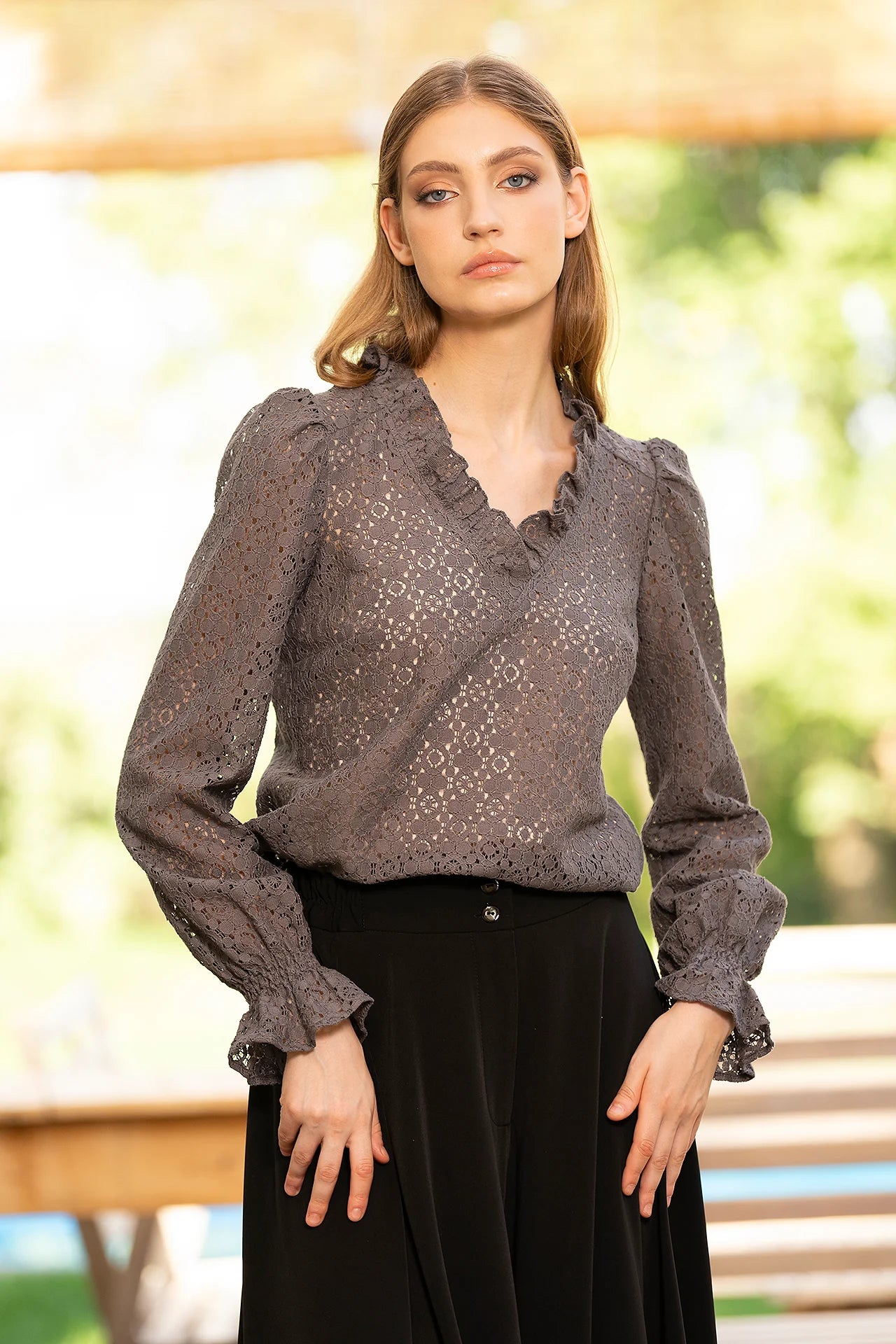 Bluza Gri Antracit Din Dantela De Bumbac Nina