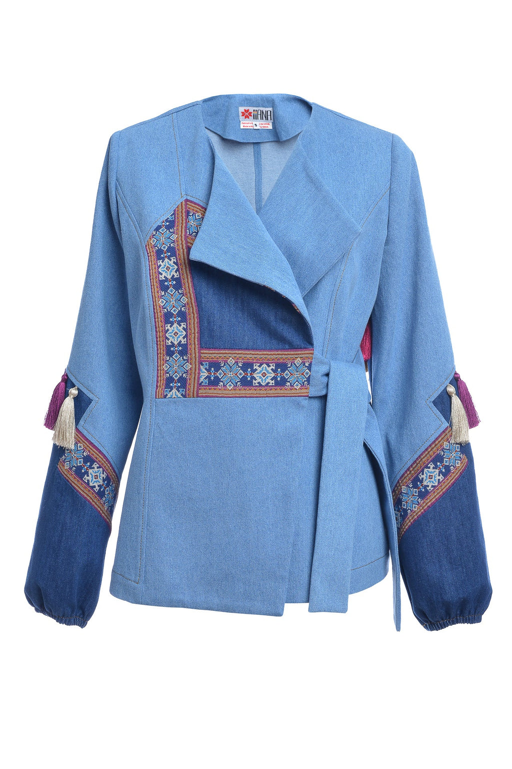 Jacheta din Denim cu Ciucuri de Matase si Jacquard Etnic