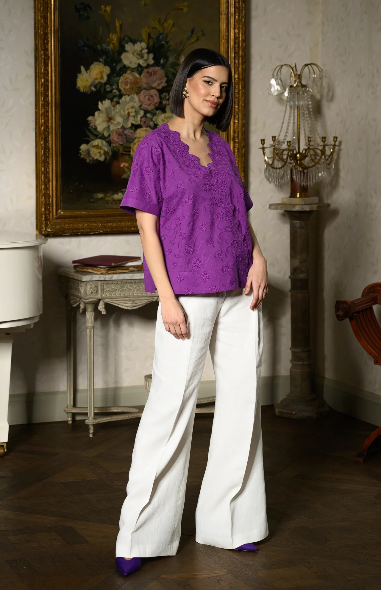 Bluza chimono violet din batist de bumbac și broderie tridimensională