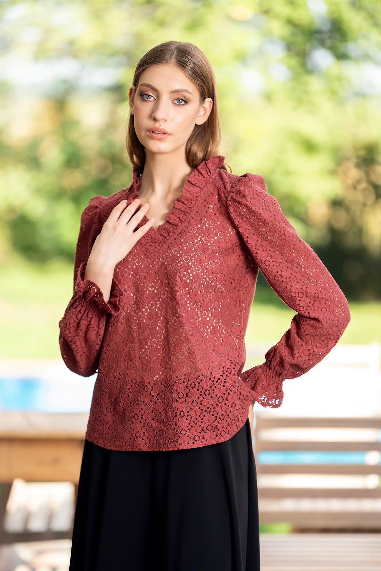 Bluza Caramizie Din Dantela De Bumbac Selina
