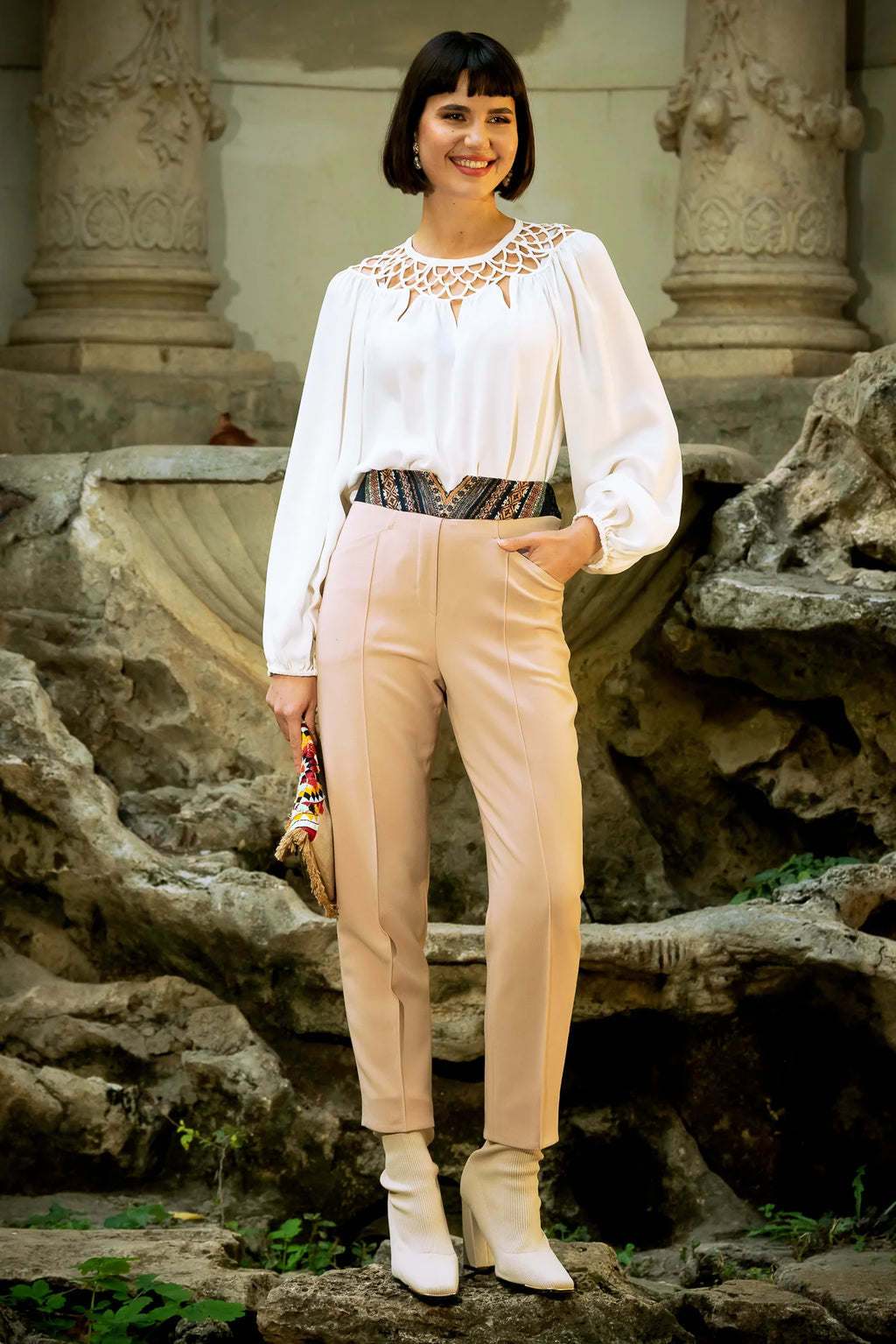 Pantaloni Pana din Stofa Crem cu Corseleta Din Jacquard Etnic
