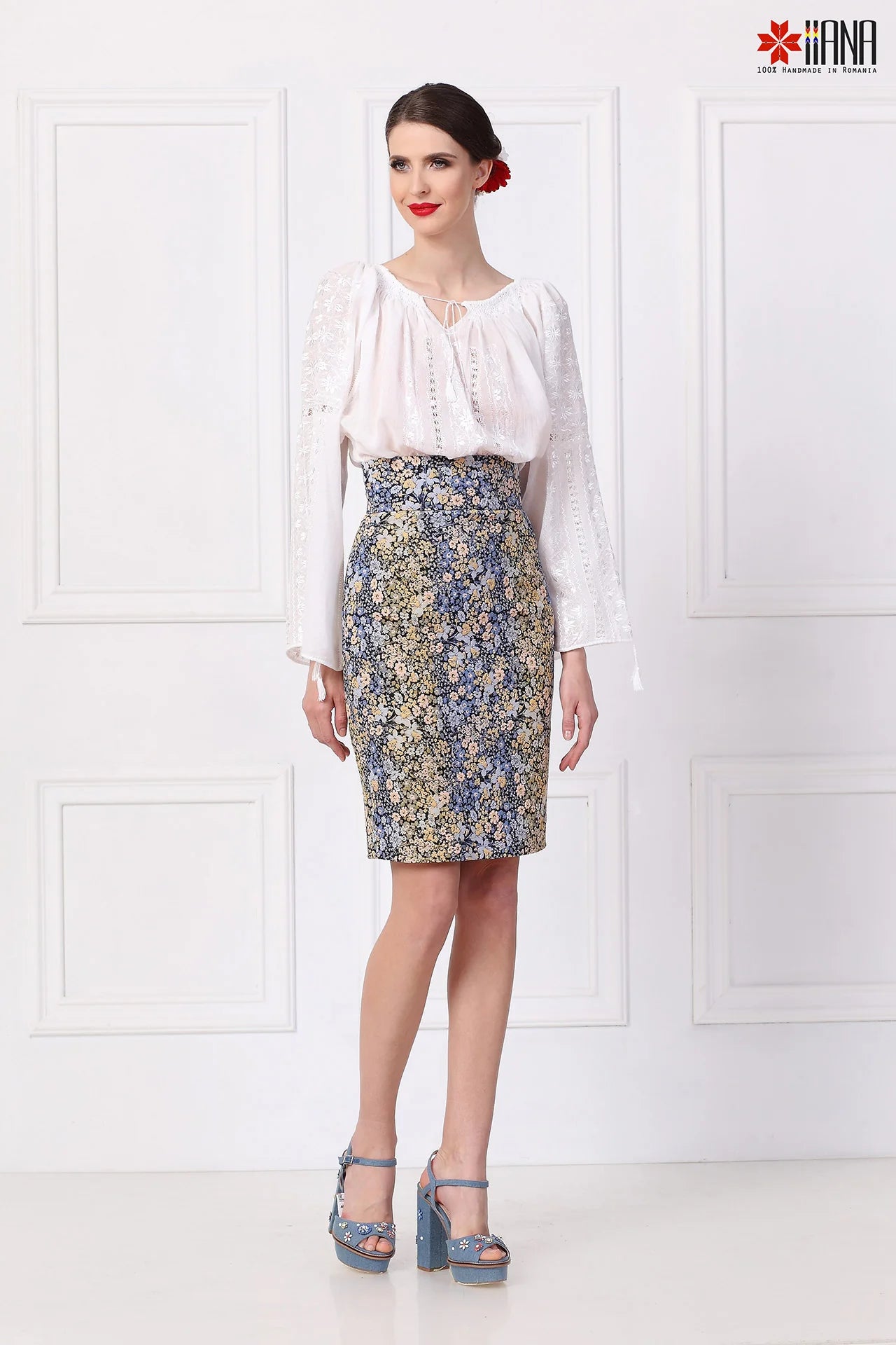 Fusta Dreapta din Jacquard cu Motive Florale