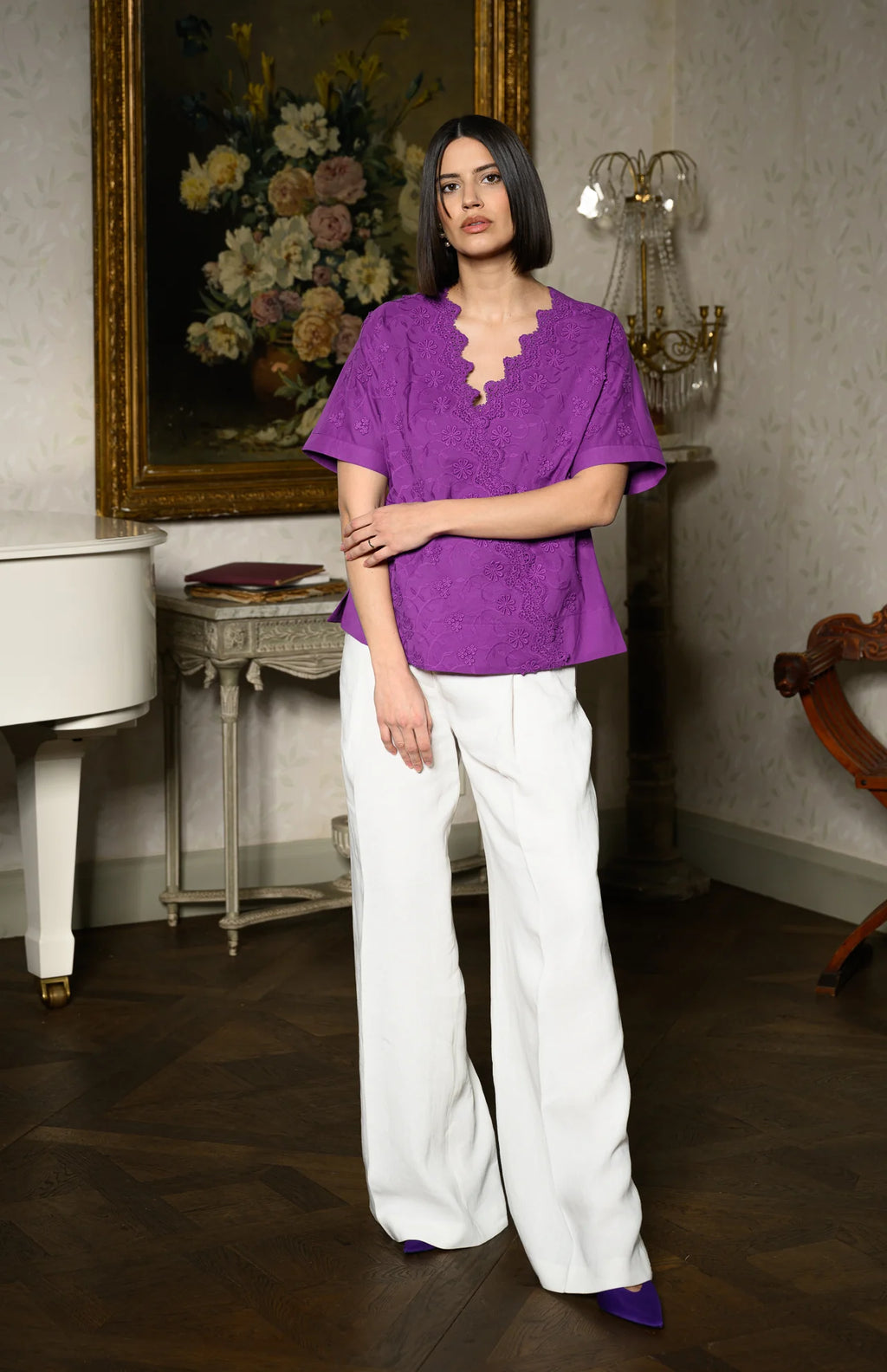 Bluza chimono violet din batist de bumbac și broderie tridimensională
