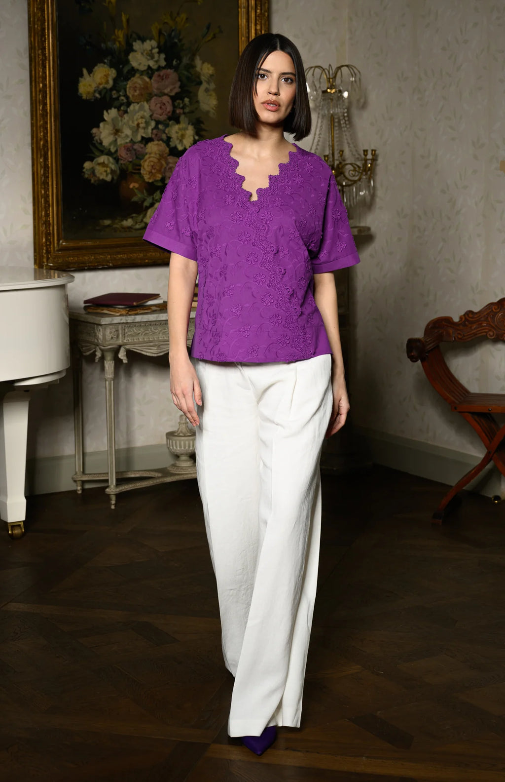 Bluza chimono violet din batist de bumbac și broderie tridimensională