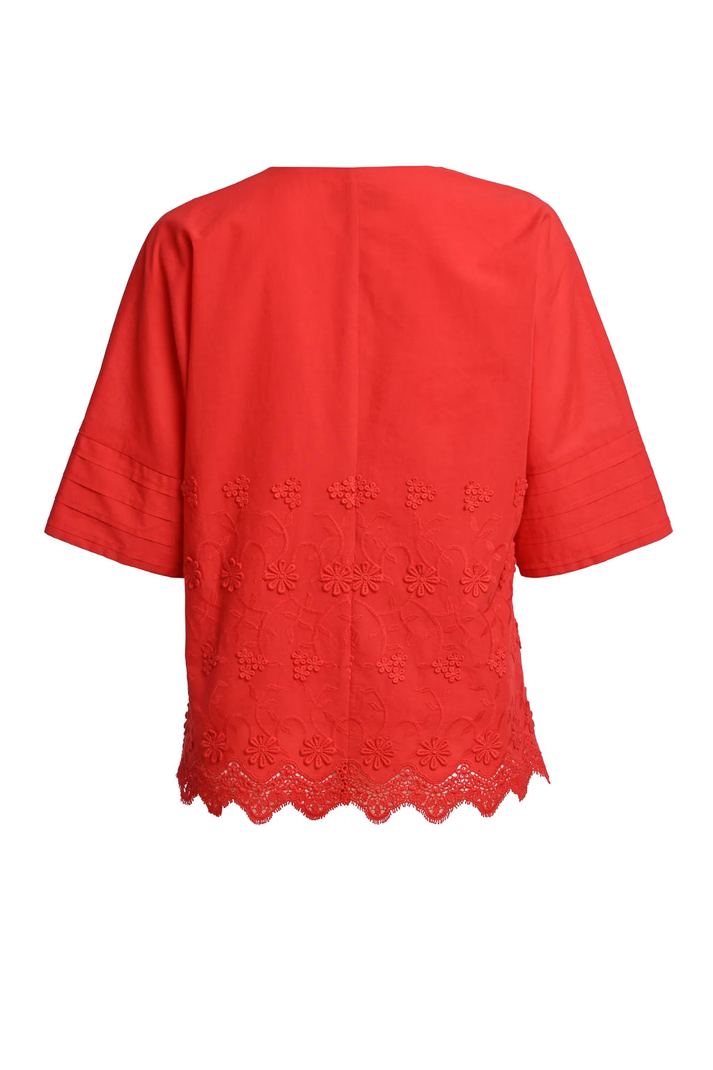 Bluza kimono roșie din batist de bumbac și broderie tridimensională