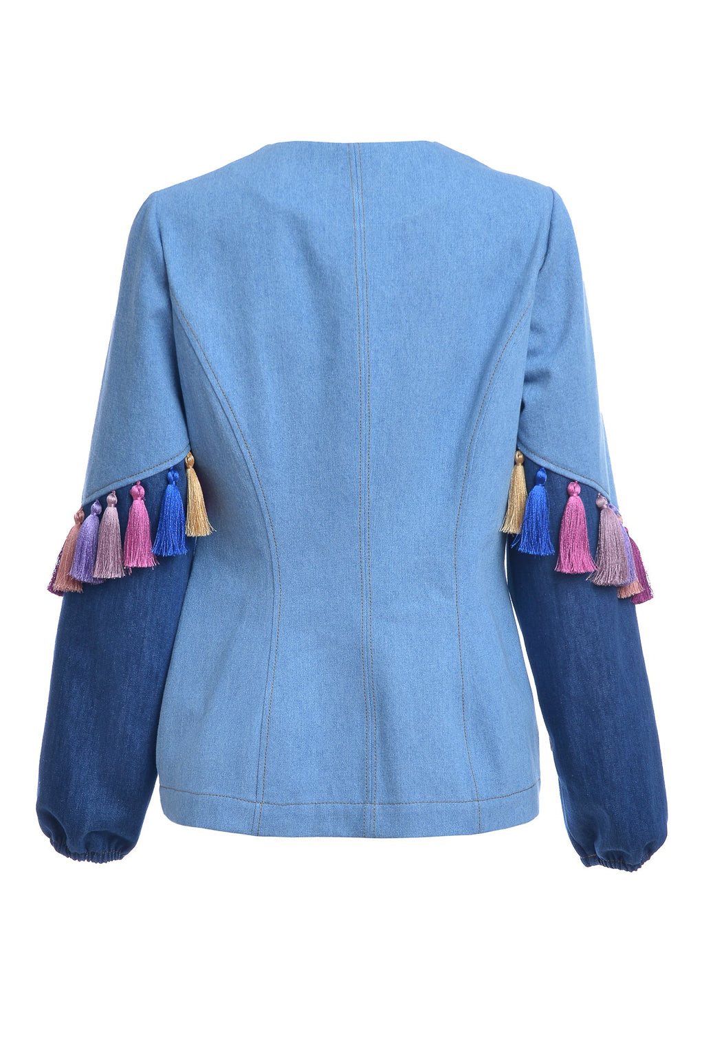 Jacheta din Denim cu Ciucuri de Matase si Jacquard Etnic