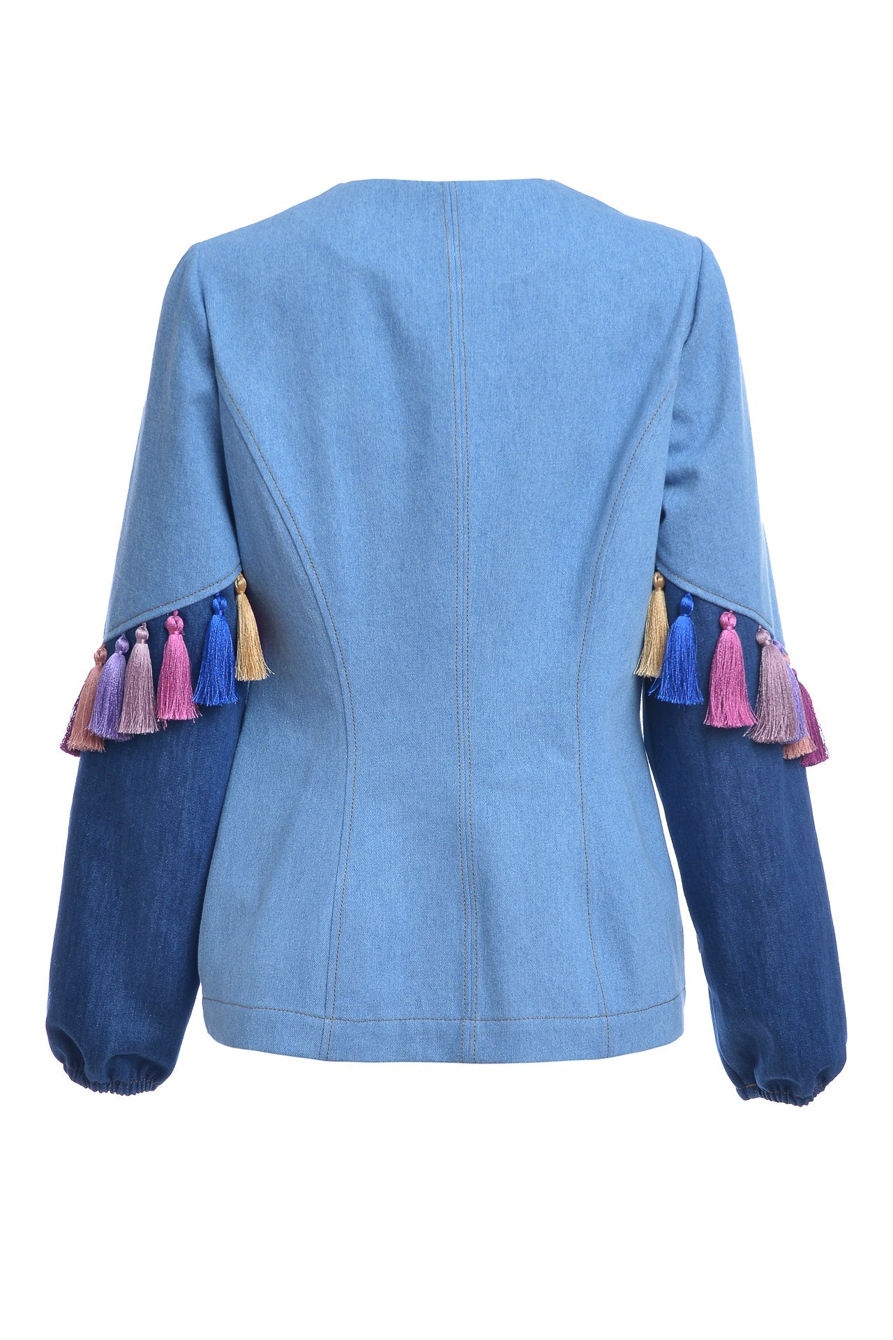 Jacheta din Denim cu Ciucuri de Matase si Jacquard Etnic