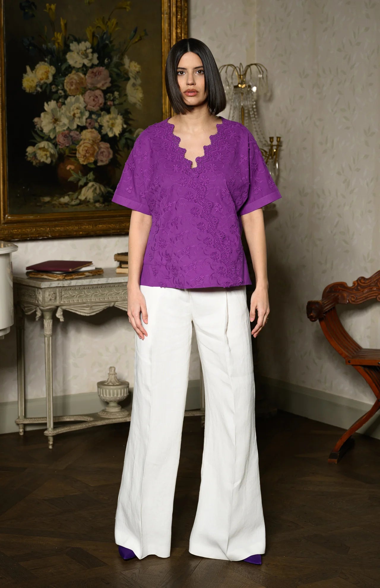 Bluza chimono violet din batist de bumbac și broderie tridimensională