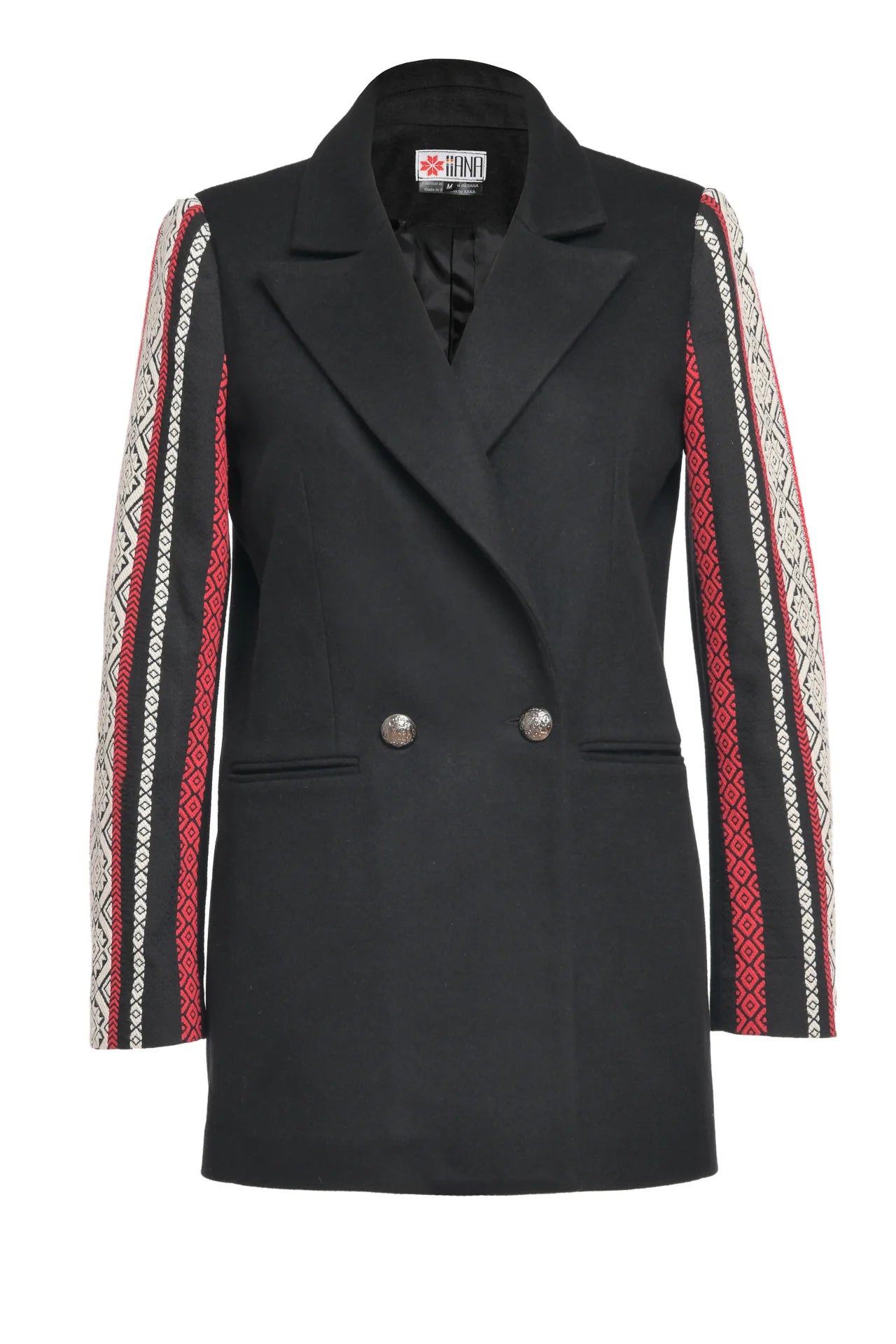 Jacheta neagra din lana cu jacquard etnic tesut