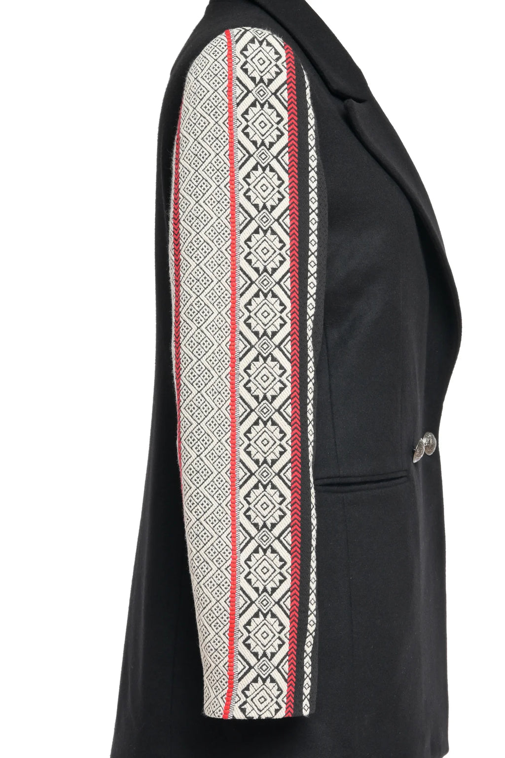 Jacheta neagra din lana cu jacquard etnic tesut