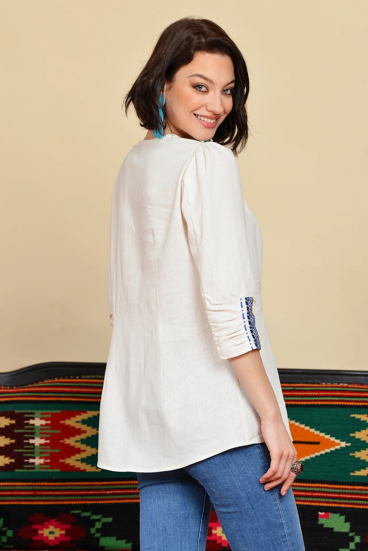 Camasa din In si Jacquard Etnic Albastru